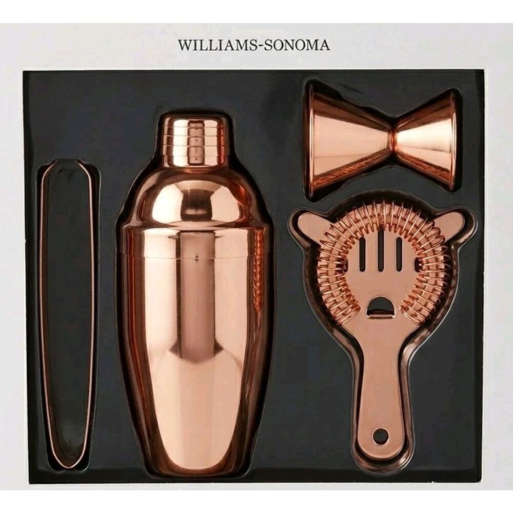 Williams Sonoma Copper Bar Tool Set 4pc Kit Shaker, Jigger, Strainer, Tongs Read